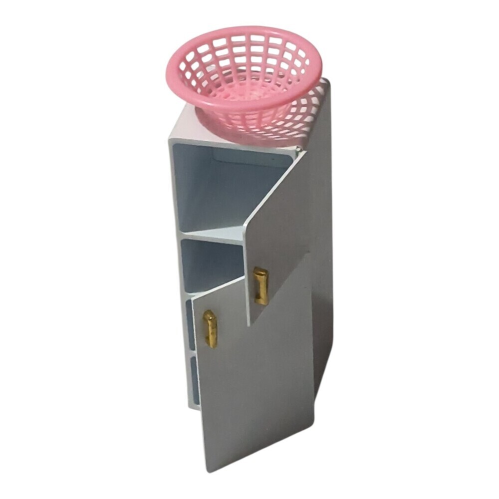 White Metal Small Barbie Dollhouse Refrigerator Double Door With Basket On Top